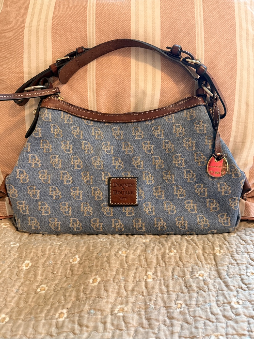 Dooney & Bourke Classic Blue Logo Shoulder Bag with Brown Leather Trim